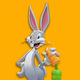 Bugs Bunny stands in front of an orange background while eating a carrot.